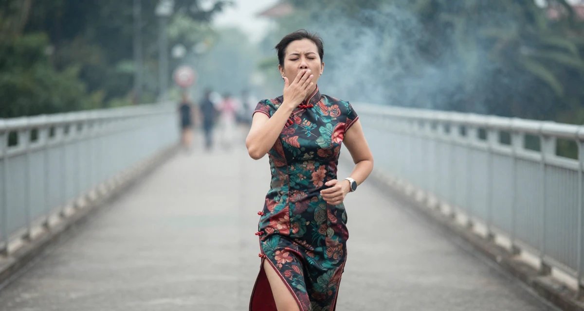 A lighthearted Female From Chiang Mai Thailand, majored in creative writing in their 41, documenting a mid-life fitness transformation, wearing a Chinese qipao (cheongsam) modified with a high slit, stifling a yawn in a bridge walkway.
