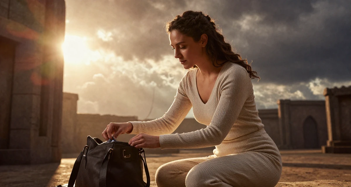 A dignified Female From Germany, studied information engineering in their 25, learning to deal with unsolicited feedback online, wearing a ribbed lounge set that hugs the curves, reaching into a bag in a dungeon cell.