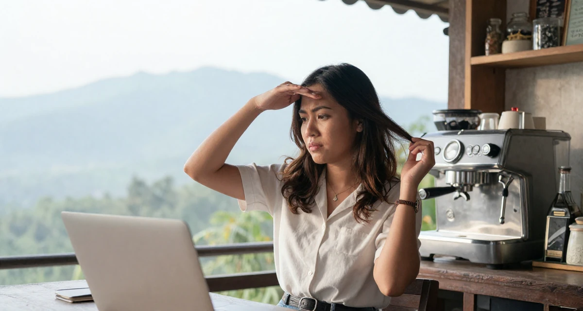 A tense Female From Thailand, based in Phuket, graduated from a media academy majoring in tropical glamour production in their 37, navigating the world of freelance consulting, wearing a modern casual lifestyle wear, shading eyes with a hand in a vintage bookstore.