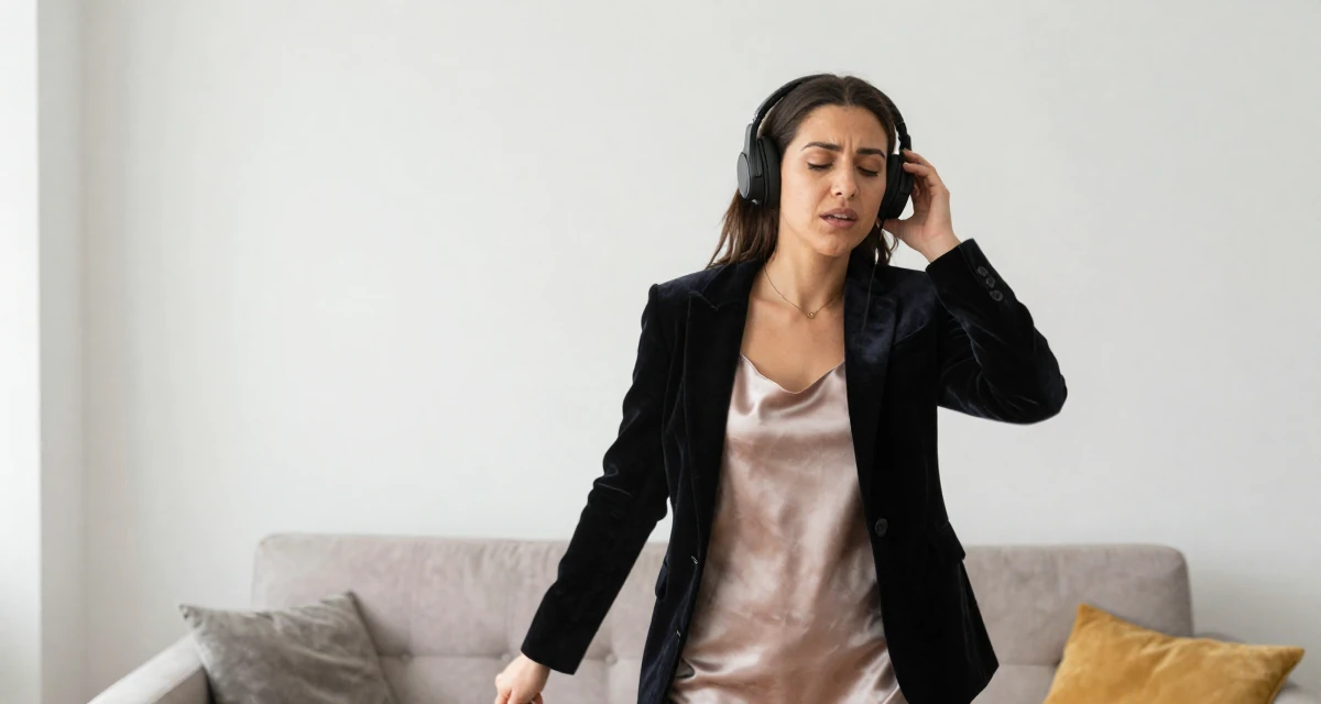 A exhausted Female Previously a corporate HR specialist, now a digital intimacy coach in their 25, adopting healthier routines for career growth, wearing a velvet blazer and a silk slip dress, listening to music with headphones in a home interior.