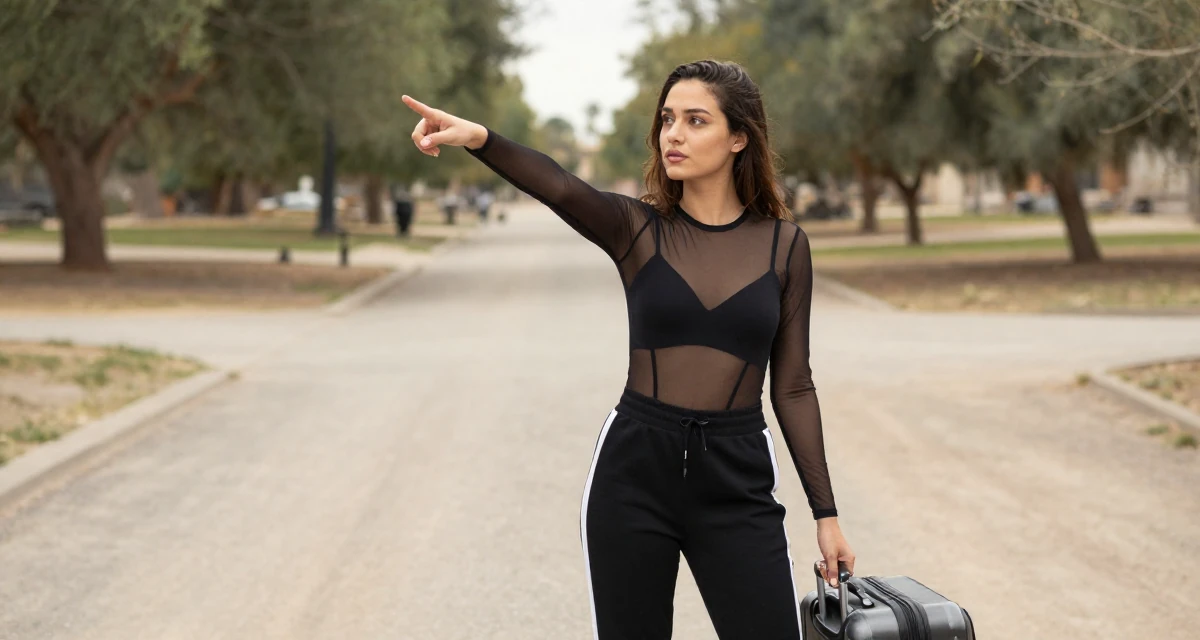 A fragile Female From USA, studied psychology and human behavior in their 20, radiating fresh-faced youthful energy, wearing a mesh paneled bodysuit and track pants, pulling a suitcase in a quiet park.