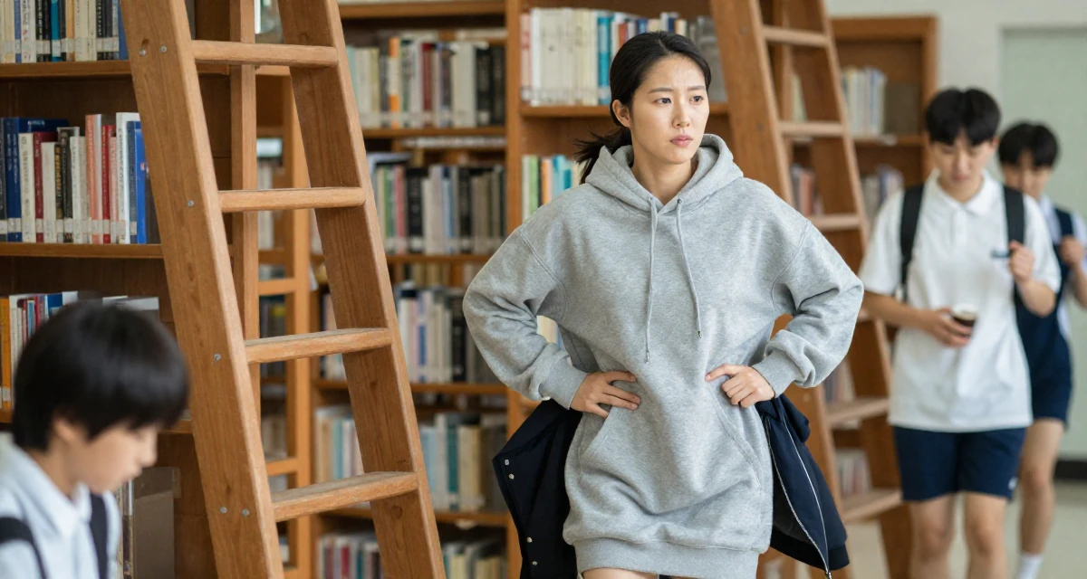 A stoic and strong Female From South Korea, based in Busan, graduated from a design institute majoring in visual communication in their 46, running a household with teens, wearing a oversized hoodie worn as a dress, putting on a jacket in a old library with wooden ladders.
