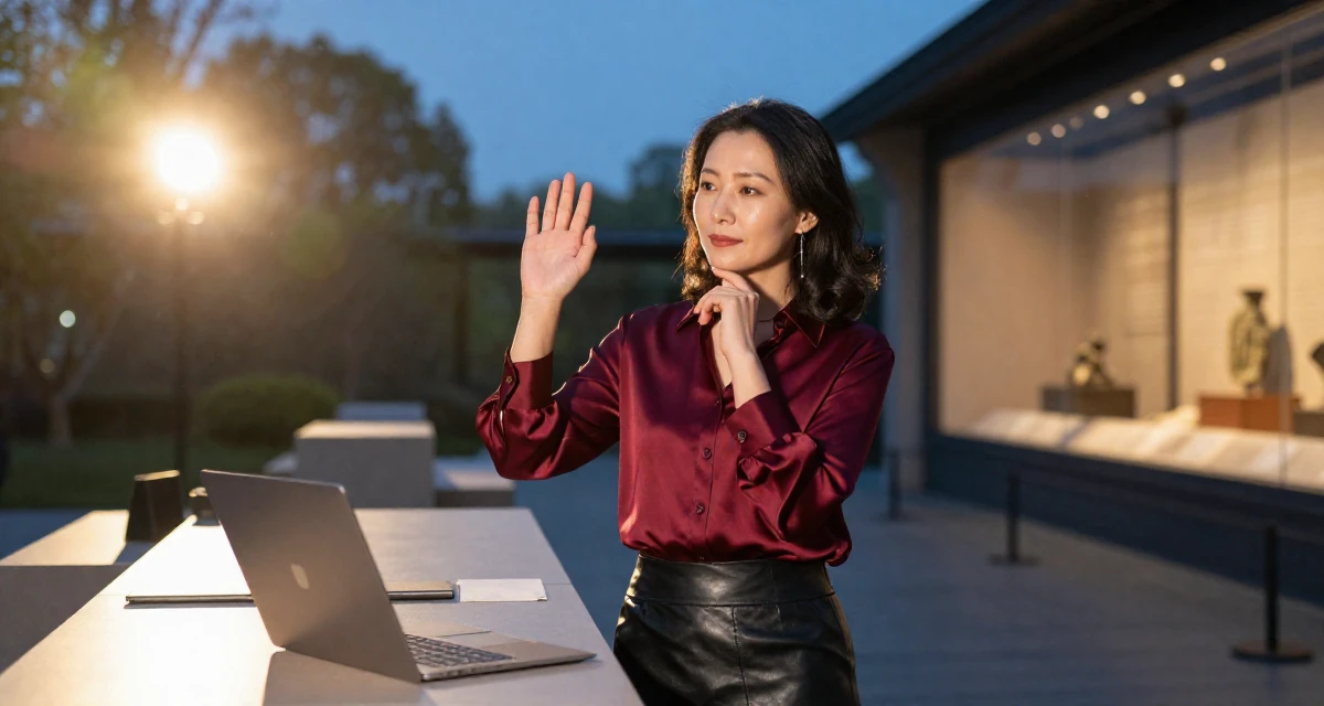 A thoughtfully silent Female From Hangzhou China, studied online commerce and lifestyle branding in their 40, celebrating professional mastery and confidence, wearing a burgundy silk blouse and black leather skirt, touching the chin thoughtfully in a museum exhibit.