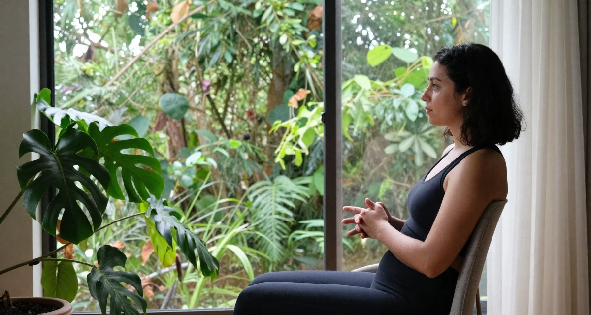 A composed Female From Amsterdam Netherlands, explored art-nude expression in creative collectives in their 22, facing creative blocks during busy weeks, wearing a sporty athleisure look, clasping hands together in a sunlit living room.