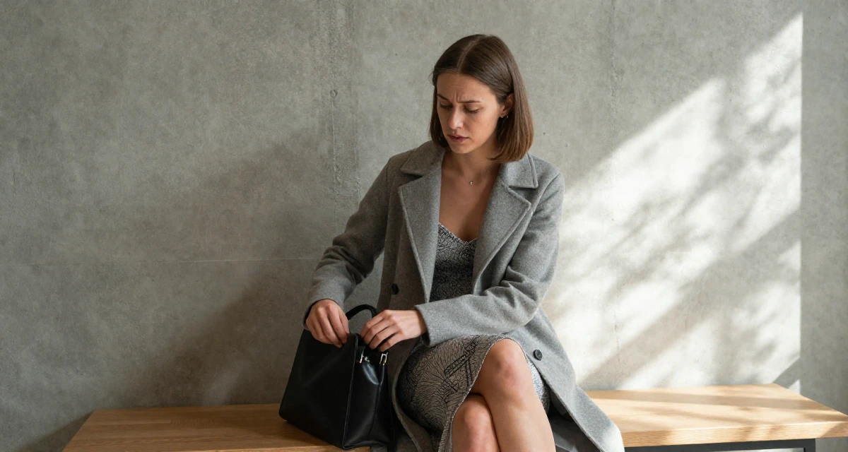 A emotional Female From Finland, majored in educational psychology in their 25, wearing a tailored coat and looking sharp, wearing a spaghetti strap summer dress with a high slit, closing a bag in a waiting room.
