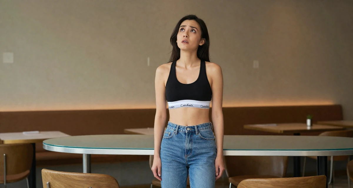 A stunned Female From Macau, studied hospitality management in their 22, facing uncertainty about future stability, wearing a classic calvin klein style sports bra and jeans, looking up at the sky in a cozy café.