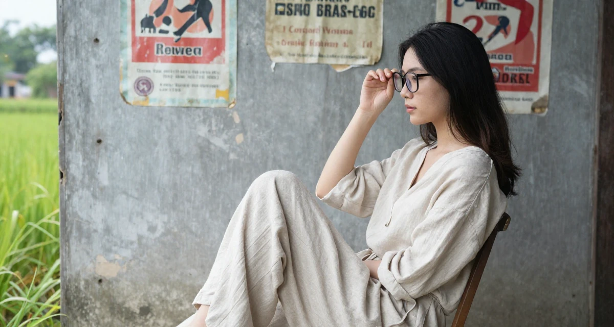 A calm Female From Hanoi Vietnam, practiced boudoir photography concepts in their 24, looking for meaning beyond the paycheck, wearing a loose-fitting linen trousers, pushing glasses up the nose in a farm field.