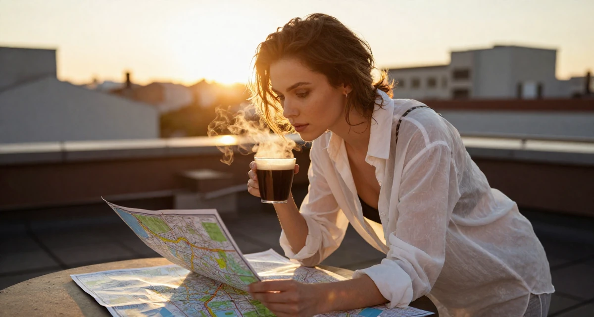 A enigmatic Female From Russia, studied psychology at a community college in their 23, pretending everything is fine while barely covering bills, wearing a translucent white blouse and a dark bra underneath, looking at a map in a rooftop terrace at sunset.