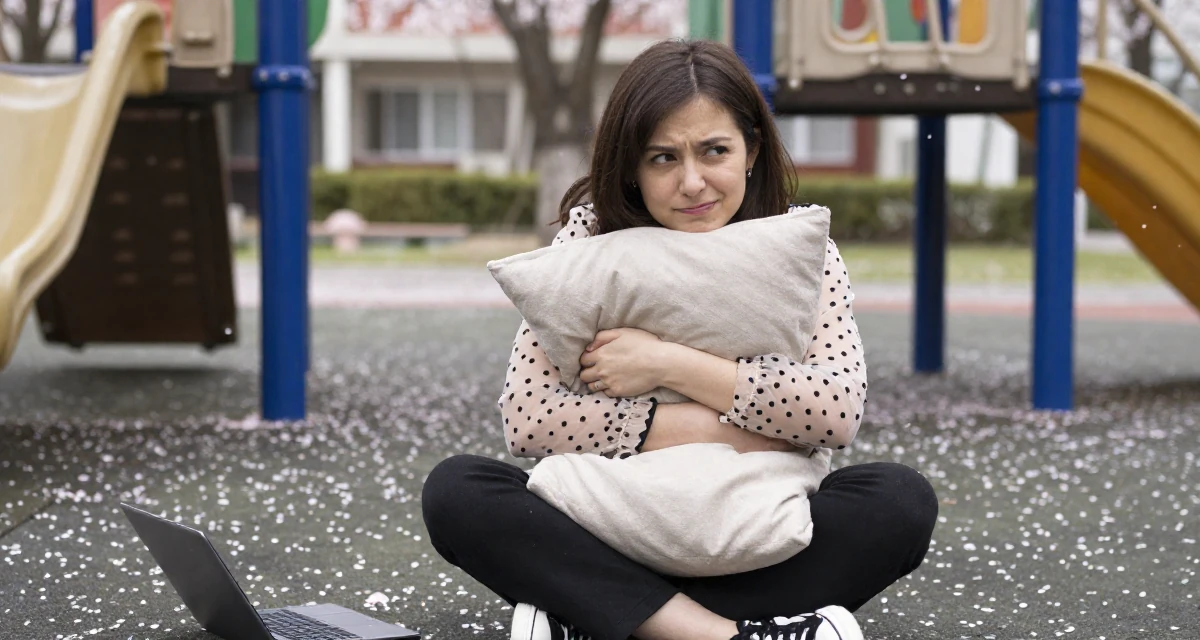 A cheeky Female Once a junior accountant, now embracing creative independence in their 25, calculating every purchase because income is unstable, wearing a sheer polka dot blouse and black trousers, hugging a pillow or cushion in a school playground.