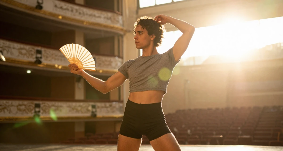 A dreamy male From Madrid Spain, studied sensual dance and camera presence in their 22, confronting competitive job markets, wearing a cropped gym top and high-cut running shorts, fanning self with a hand in a theater stage.