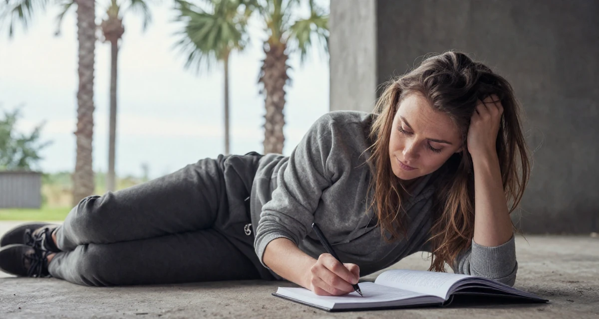 A enigmatic Female From Tampere Finland, majored in game development in their 48, documenting the process of writing a memoir, wearing a relaxed streetwear, pushing hair from face in a dungeon cell.