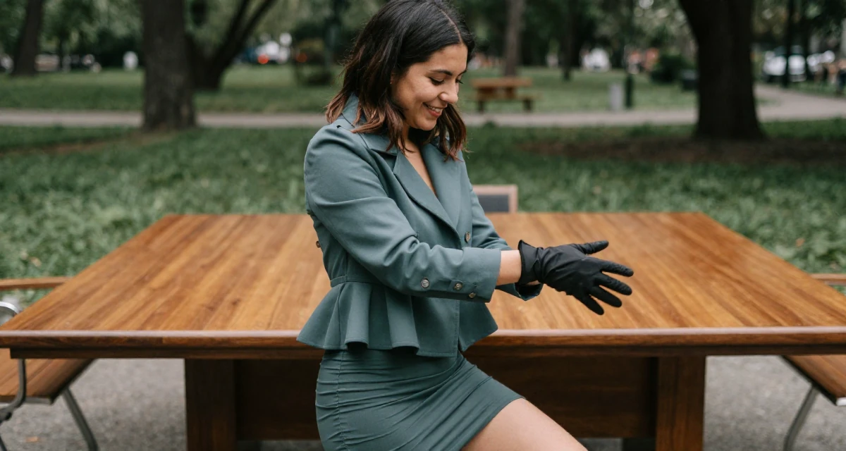 A friendly Female Born in Colombia, trained in audiovisual communication in their 24, looking for meaning beyond the paycheck, wearing a structured peplum jacket and a tight skirt, removing a glove in a quiet park.