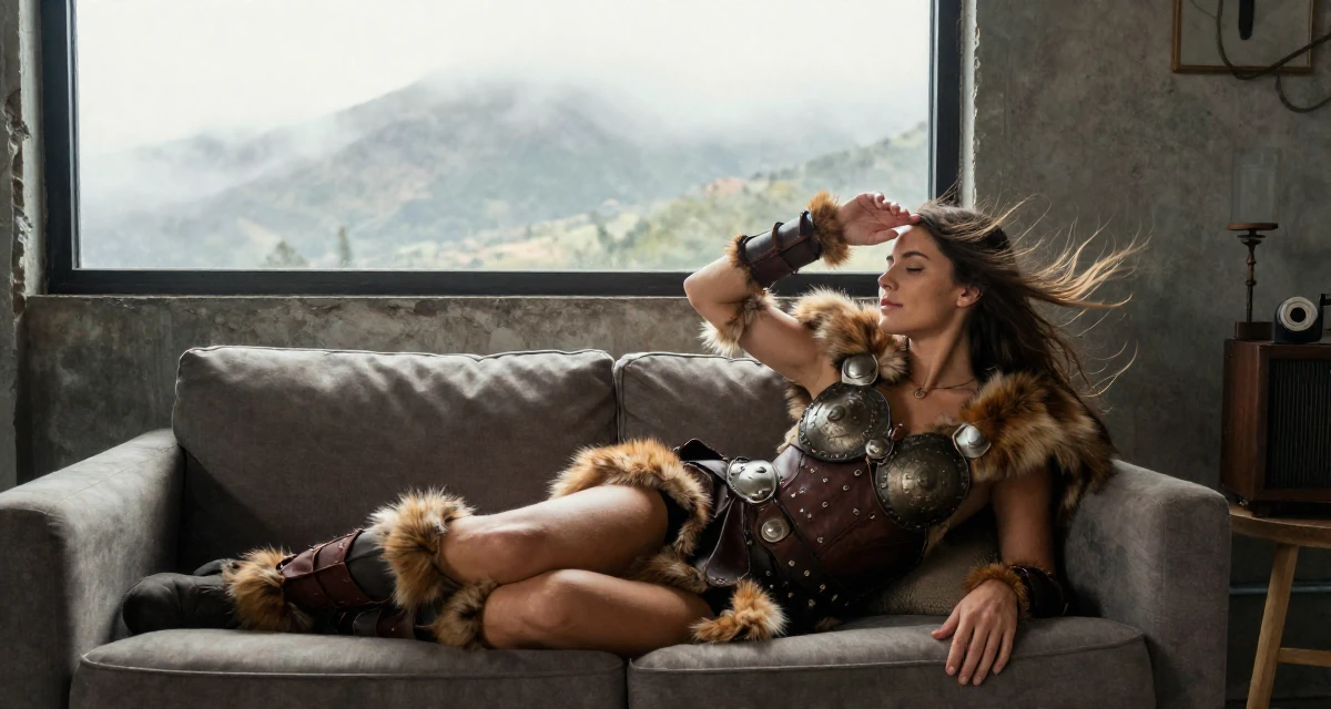 A placid Female From Australia, studied event management in their 24, building a sensual brand with consistency, wearing a viking shield-maiden outfit with fur and leather, shielding face from the wind in a industrial loft.