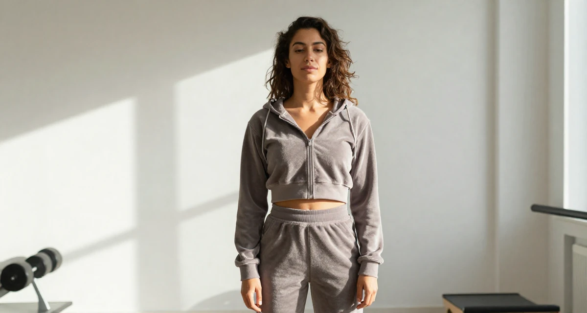 A carefree Female From Florence Italy, majored in sculpture arts in their 22, confronting self-doubt in early career roles, wearing a velour tracksuit with a cropped zip-up hoodie, taking a photo in a gym interior.