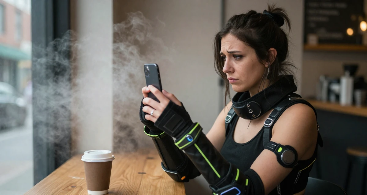 A sorrowful Female From Montreal Canada, studied erotic art history and creative expression in their 25, learning to deal with unsolicited feedback online, wearing a cyberpunk street samurai gear with neon accents, taking a photo in a coffee shop corner.
