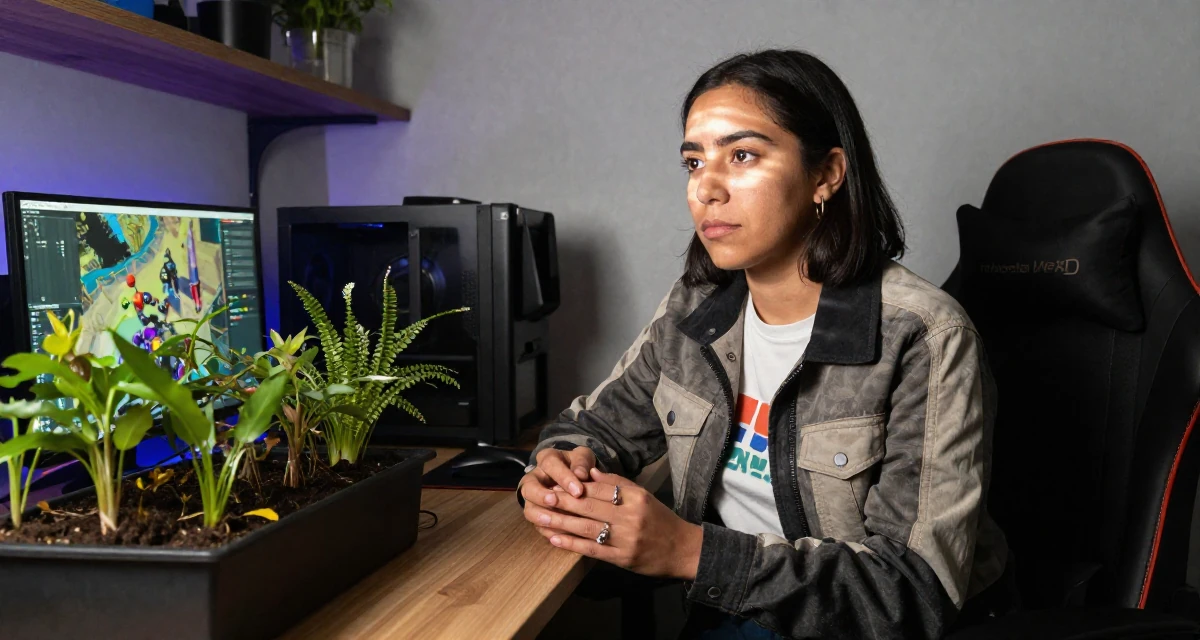 A thoughtfully silent Female From Mexico, studied public relations in their 31, sharing tips on modern urban gardening, wearing a structured jacket with casual tee, playing with a ring in a gaming room.