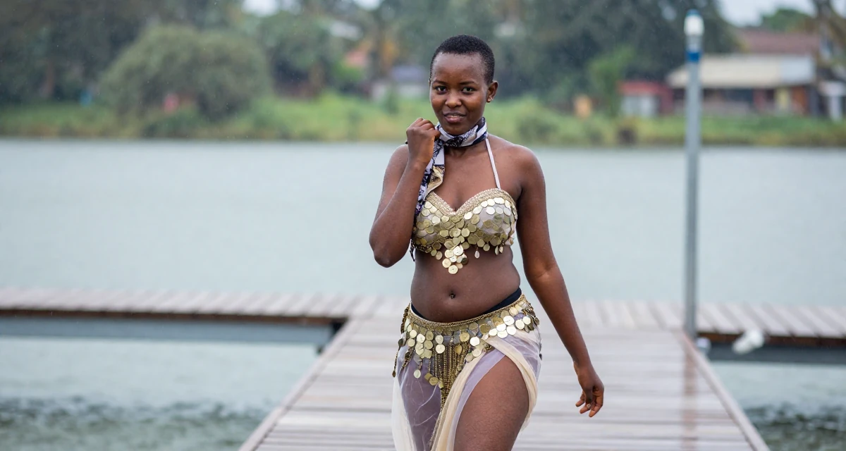 A playful and energetic Female From Mombasa Kenya, studied hospitality in their 25, learning to deal with unsolicited feedback online, wearing a belly dancer outfit with sheer fabrics and coins, wrapping a scarf around the neck in a lakeside dock.
