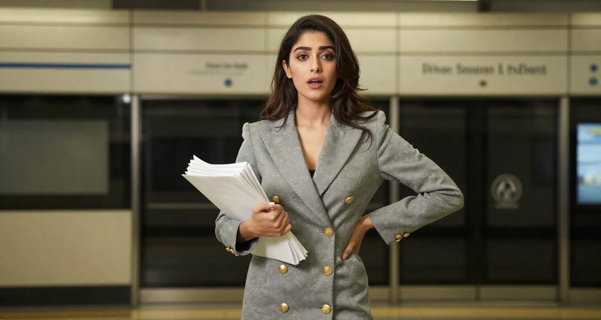 A exhausted Female From Pakistan, majored in mass communication in their 25, excited but unsure about how to grow first followers, wearing a double-breasted blazer dress with gold buttons, carrying a stack of documents in a subway station.