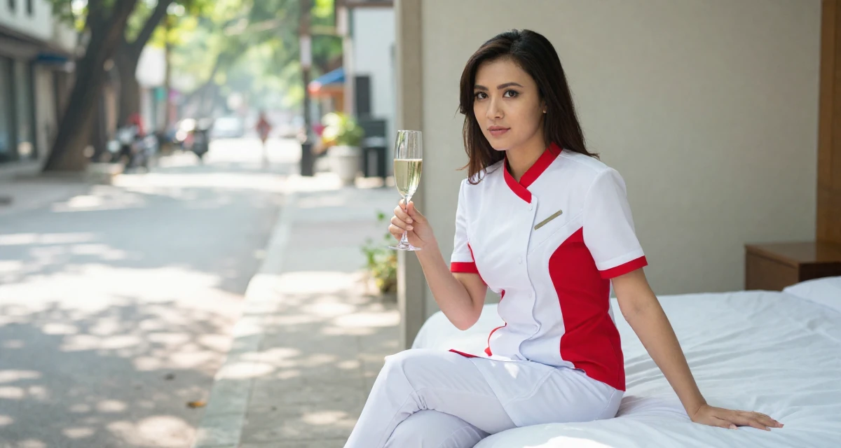 A aloof but intriguing Female From Hanoi Vietnam, practiced boudoir photography concepts in their 23, handling occasional negative comments professionally, wearing a futuristic medic uniform with white and red details, holding a champagne glass in a city sidewalk.