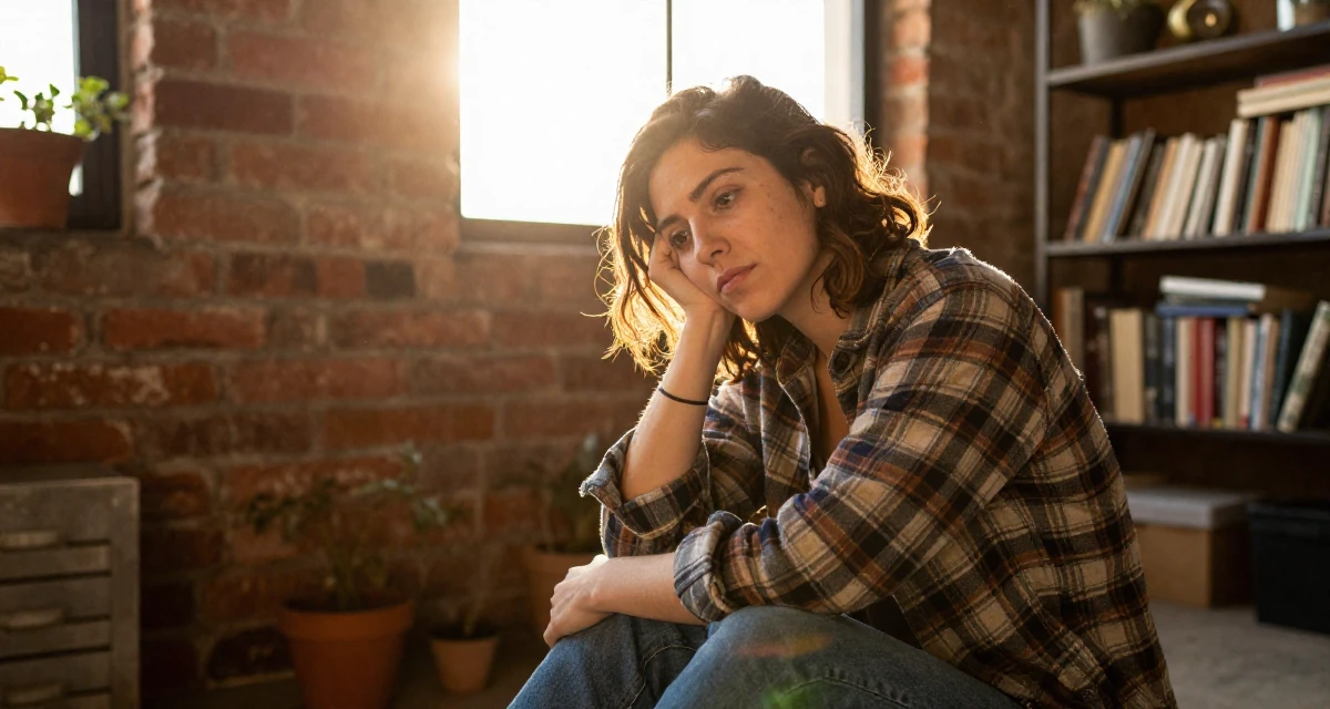 A pensive Female From Córdoba Argentina, studied emotional storytelling in photography in their 31, sharing tips on modern urban gardening, wearing a rugged flannel shirt and denim, leaning head on a hand in a loft apartment with brick walls.