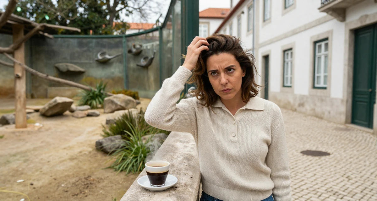 A determined Female From Portugal, studied marine sciences in their 23, learning how to say “no” to requests outside comfort, wearing a smart knit polo, messing up hair playfully in a zoo enclosure path.