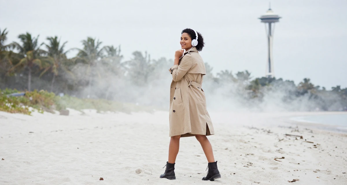 A victorious Female From Finland, studied graphic design and branding in their 23, using confidence as the core of seductive branding, wearing a timeless trench and boots, listening to music with headphones in a tropical white sand beach.