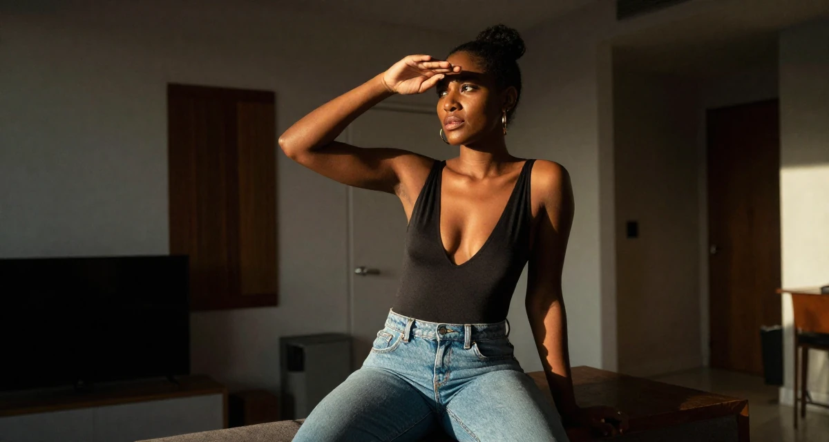 A seductive Female Raised in Kenya, studied digital entrepreneurship in their 32, finding confidence in a leadership role, wearing a open-back bodysuit with vintage denim jeans, shading eyes with a hand in a modern apartment.