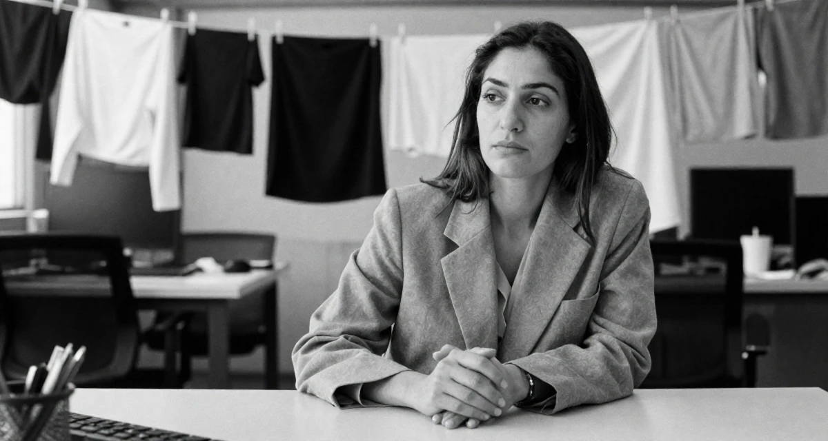 A moody Female From Chile, majored in astronomy in their 31, sharing the reality of post-partum recovery, wearing a relaxed fit suit separate, resting hands on a table in a office workspace.