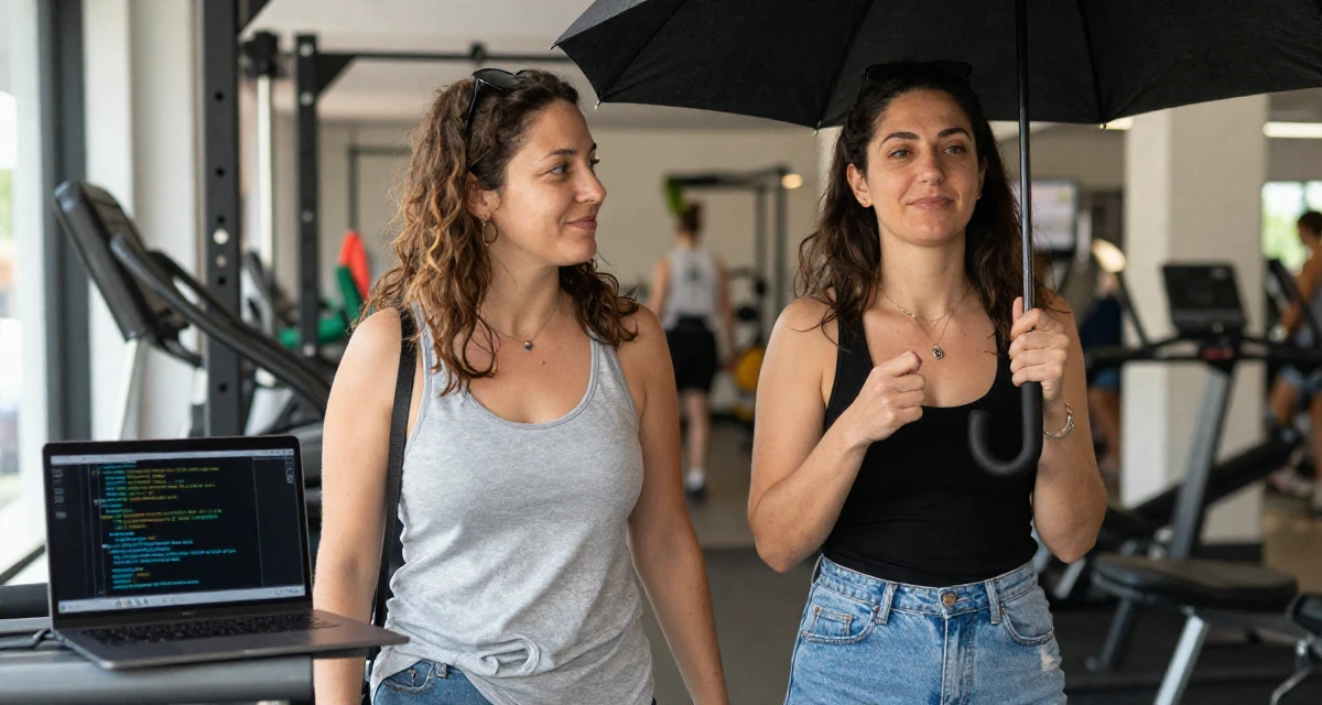 A satisfied Female From Israel, studied behavioral economics in their 46, sharing easy gourmet recipes for two, wearing a casual weekend brunch outfit, holding an umbrella in a gym interior.