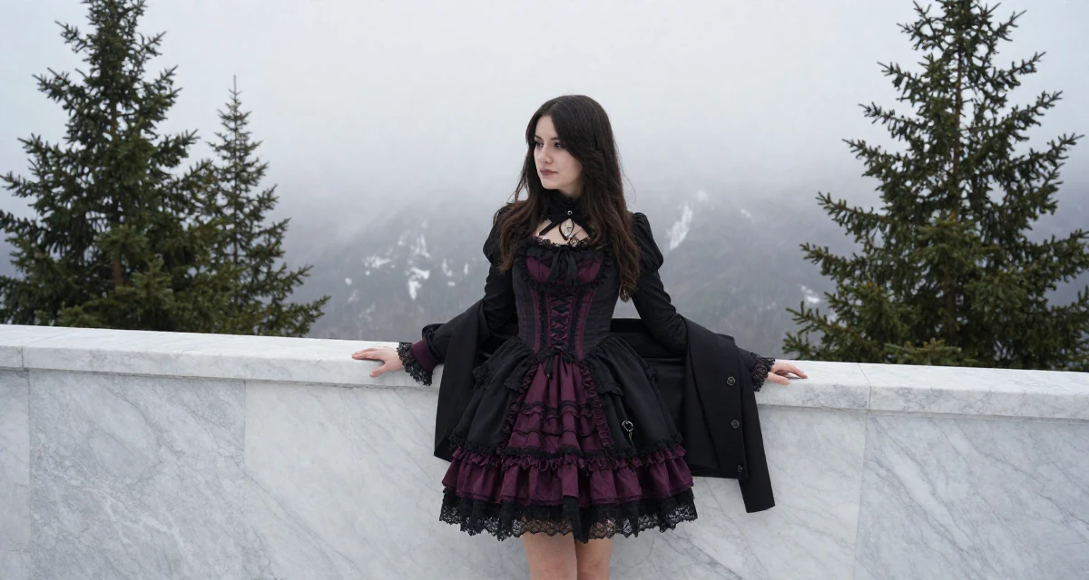 A zen-like Female From Austria, based in Graz, graduated from an arts academy majoring in emotional portrait direction in their 25, balancing sexiness with professionalism, wearing a elaborate gothic lolita dress with frills and lace, putting on a jacket in a snowy mountain peak.