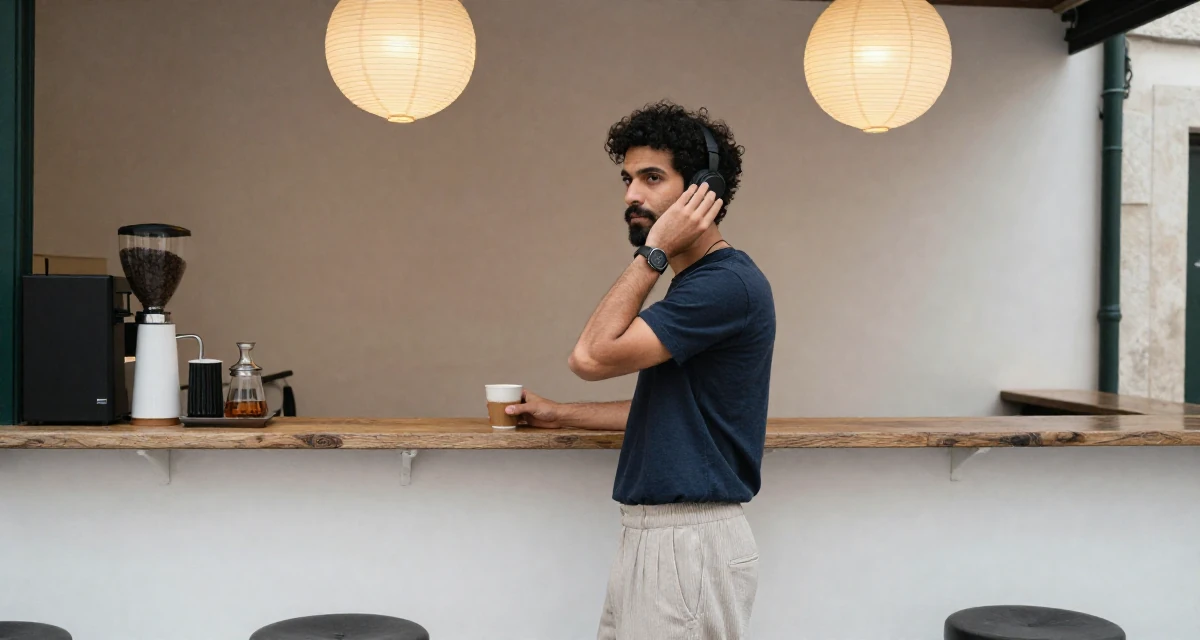 A moody male From Portugal, studied marine sciences in their 25, balancing social life with evolving ambitions, wearing a relaxed fit pleated trousers, adjusting headphones in a quaint European street.