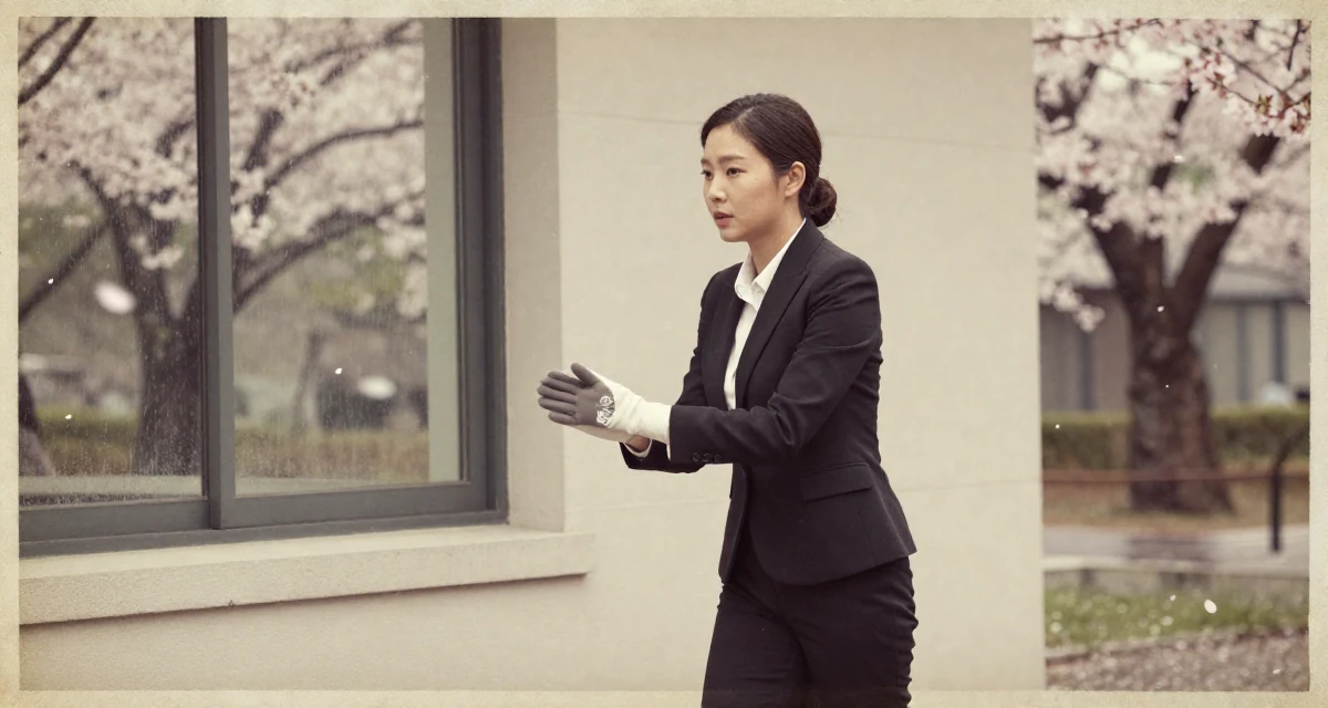 A settled Female Based in South Korea, studied fashion merchandising in their 24, walking briskly with purpose and focus, wearing a sharp business casual attire, putting on a glove in a museum exhibit.