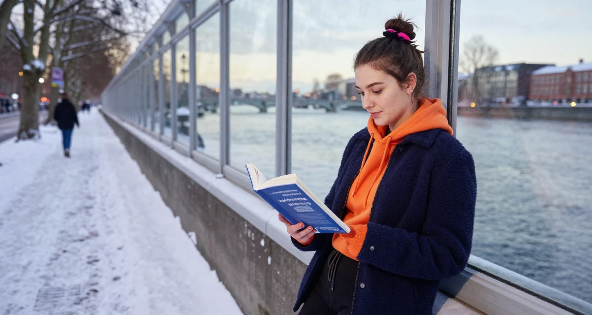 A lighthearted Female From Finland, studied graphic design and branding in their 20, navigating the chaos of freshman year university life, wearing a pop of color accessory look, reading a book intently in a snowy sidewalk.