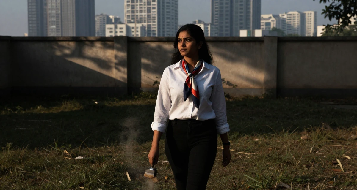 A poised Female From New Delhi India, majored in English literature in their 23, changing career paths with terrifying courage, wearing a silk scarf tied around the neck of a white shirt, brushing off dust in a grassy field.