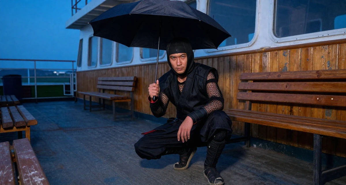 A assertive male From Mongolia, based in Ulaanbaatar, graduated from a national university majoring in media studies in their 26, feeling the shift from junior to mid-level expectations, wearing a ninja kunoichi outfit with fishnet details, holding an umbrella in a ferry deck.