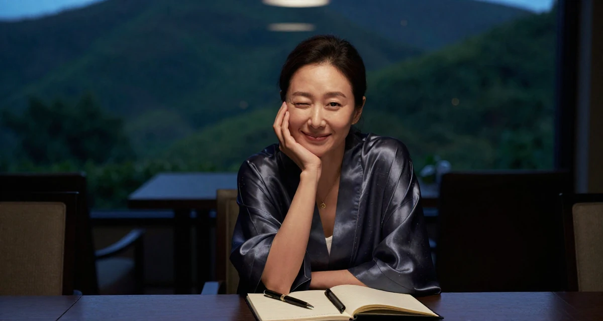 A smiling gently Female From Seoul South Korea, studied K-style beauty and content editing in their 40, facing mid-career uncertainty, wearing a silky kimono robe worn open over loungewear, winking playfully in a luxury hotel lobby.