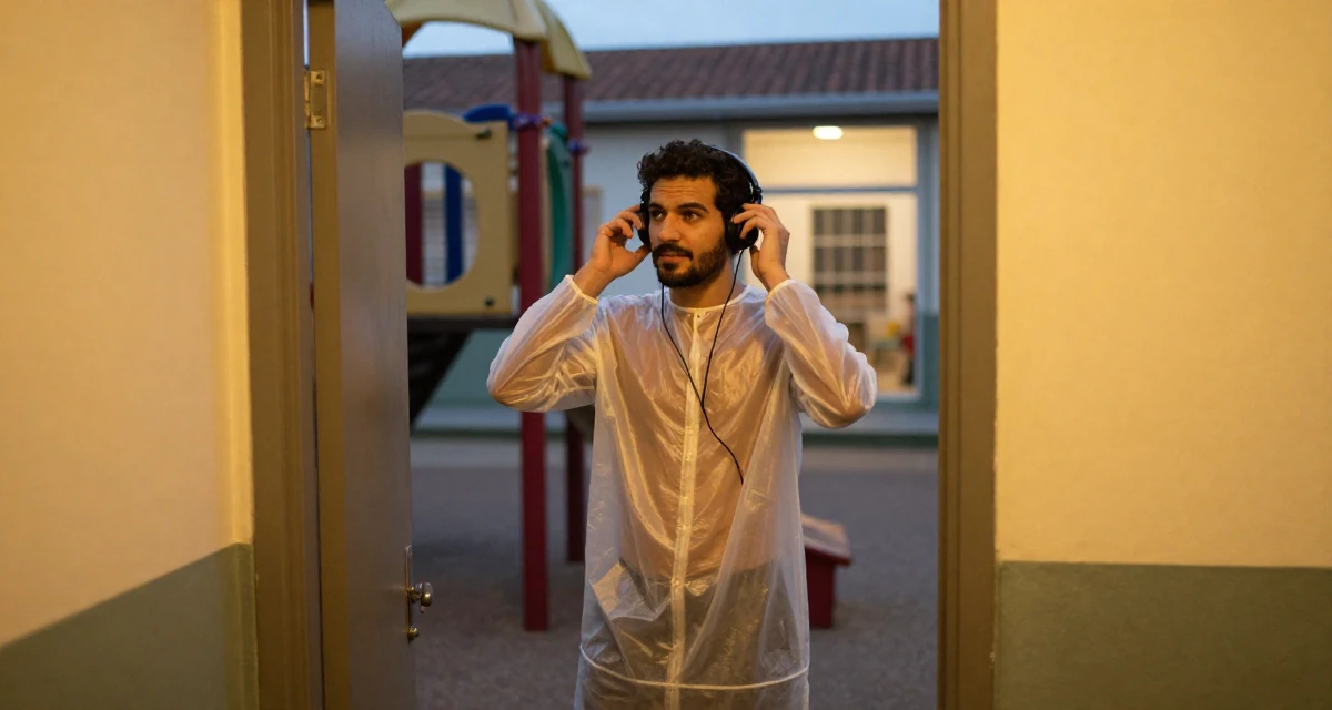 A carefree male From Portugal, studied marine sciences in their 29, dealing with social pressure to “settle down”, wearing a semi-transparent beach cover-up dress, adjusting headphones in a school playground.