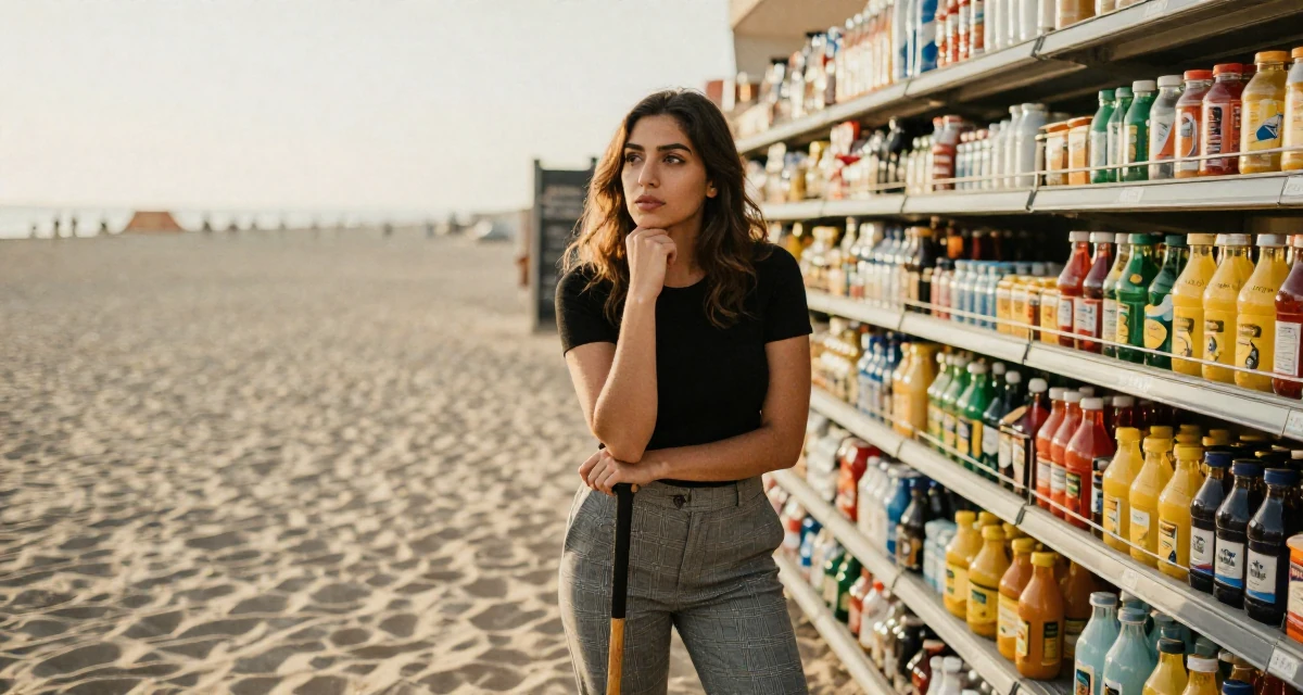 A observant Female From Lebanon, majored in digital journalism in their 22, feeling powerful when fans appreciate confident vibes, wearing a grey plaid trousers and a fitted black tee, touching the chin thoughtfully in a supermarket aisle.