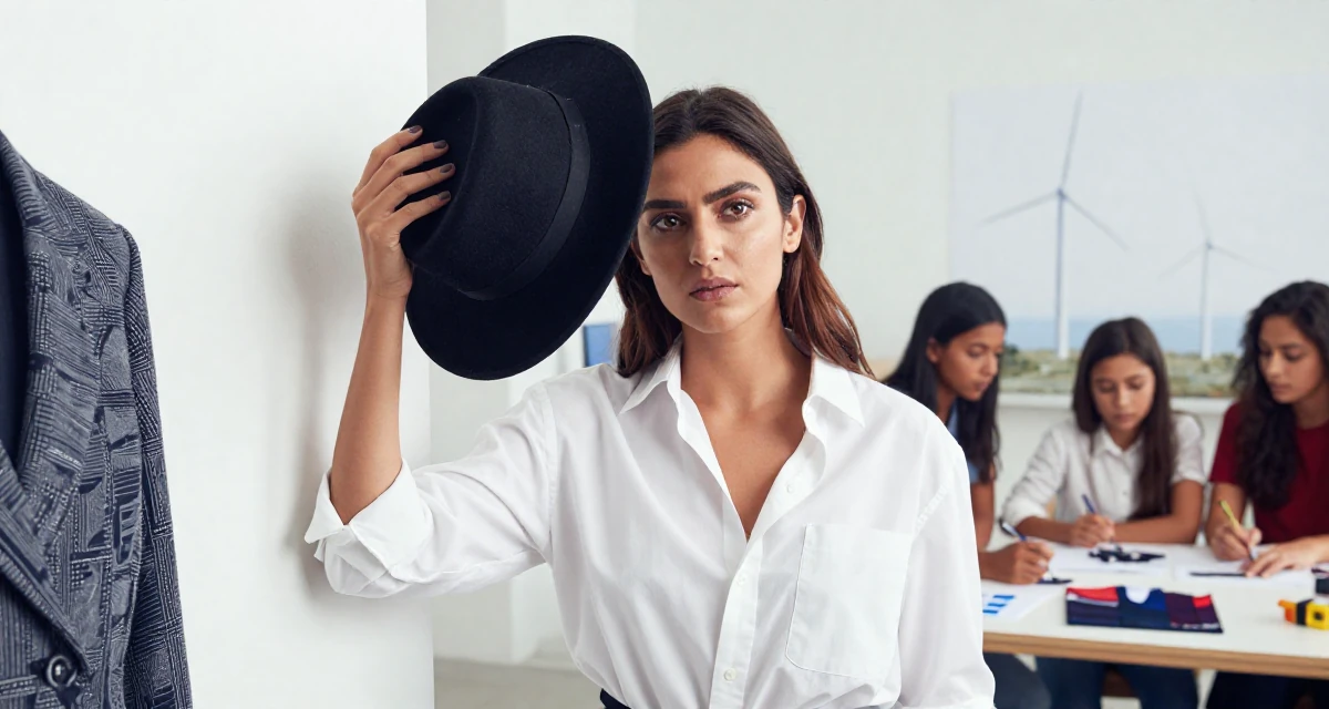 A reflective Female From Bangladesh, studied textile engineering in their 25, hiding early creator work from family and classmates, wearing a white shirt unbuttoned to the chest, holding a hat in a fashion design studio.