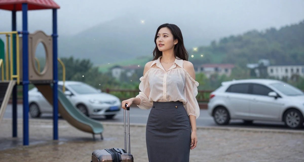 A sincere Female Former library assistant, now creating cozy reading-corner aesthetics in their 32, urban explorer finding beauty in the city, wearing a sheer sleeve blouse and a high-waisted skirt, pulling a suitcase in a school playground.