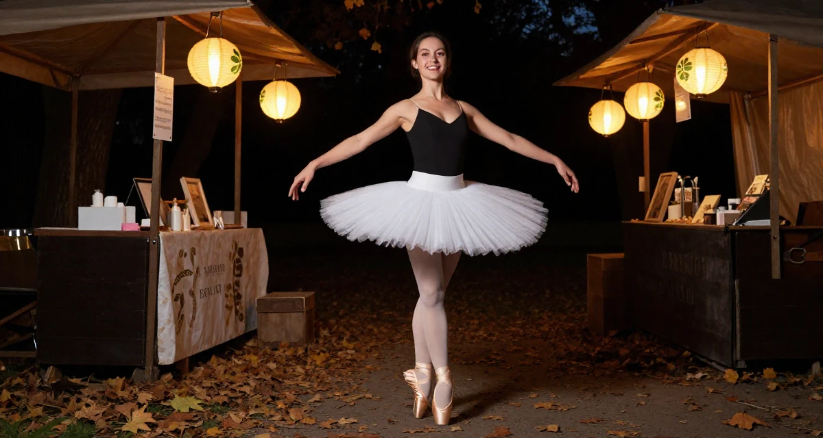A joyful Female From Mali, majored in agricultural management in their 30, first-time entrepreneur building a startup, wearing a ballet tutu and satin pointe shoes, pausing mid-step in a night market stall.