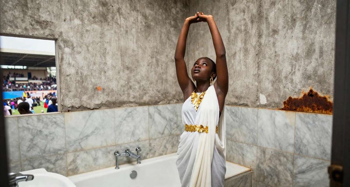 A vibrant Female From Ivory Coast, studied music production in their 24, learning how to set boundaries in private messages, wearing a greek goddess toga with gold leaf accessories, looking up at the sky in a marble bathroom with a tub.