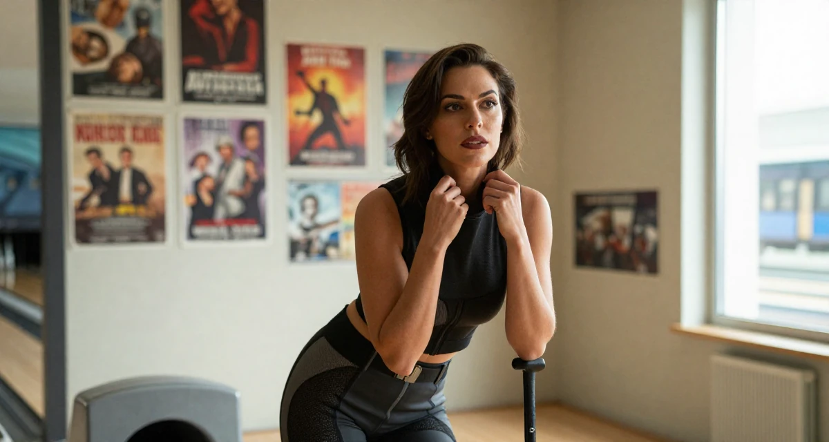 A proud Female From Austria, based in Graz, graduated from an arts academy majoring in emotional portrait direction in their 25, fully owning a bold, seductive creator identity, wearing a modern tech-wear inspired look, fixing a collar in a bowling alley.