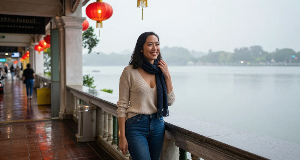 A joyful Female From Singapore, based in Jurong, graduated from a polytechnic majoring in aesthetic marketing in their 57, balancing health issues and work, wearing a plunging v-neck sweater and skinny jeans, adjusting a scarf in a rainy street corner.