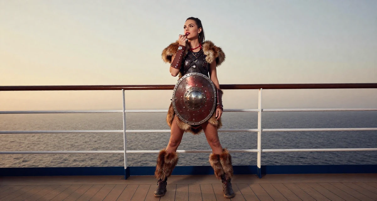 A bold and charismatic Female From Netherlands, studied digital media and interaction design in their 23, discovering how subtle teasing builds real engagement, wearing a viking shield-maiden outfit with fur and leather, applying lipstick in a cruise ship deck.
