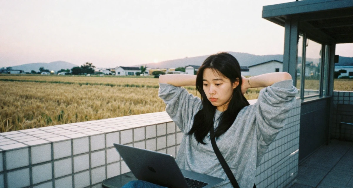 A commanding Female From South Korea, has a background in cosmetics chemistry in their 23, managing early burnout from overcommitment, wearing a relaxed streetwear, scrolling casually in a rooftop terrace at sunset.