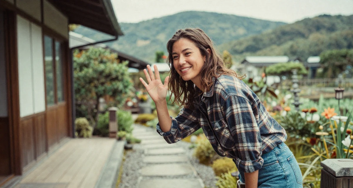 A friendly and approachable Female Once a swim camp counselor, now leaning into beach-centered creator storytelling in their 25, building a loyal fanbase with tasteful flirty storytelling, wearing a rugged flannel shirt and denim, waving to someone in a garden patio.