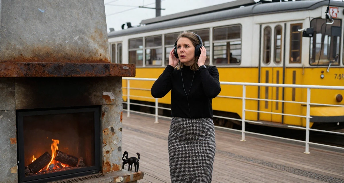 A resilient Female From Estonia, based in Tartu, graduated from a state university majoring in digital culture in their 47, expert in navigating difficult conversations, wearing a houndstooth pattern skirt and black top, listening to music with headphones in a cruise ship deck.