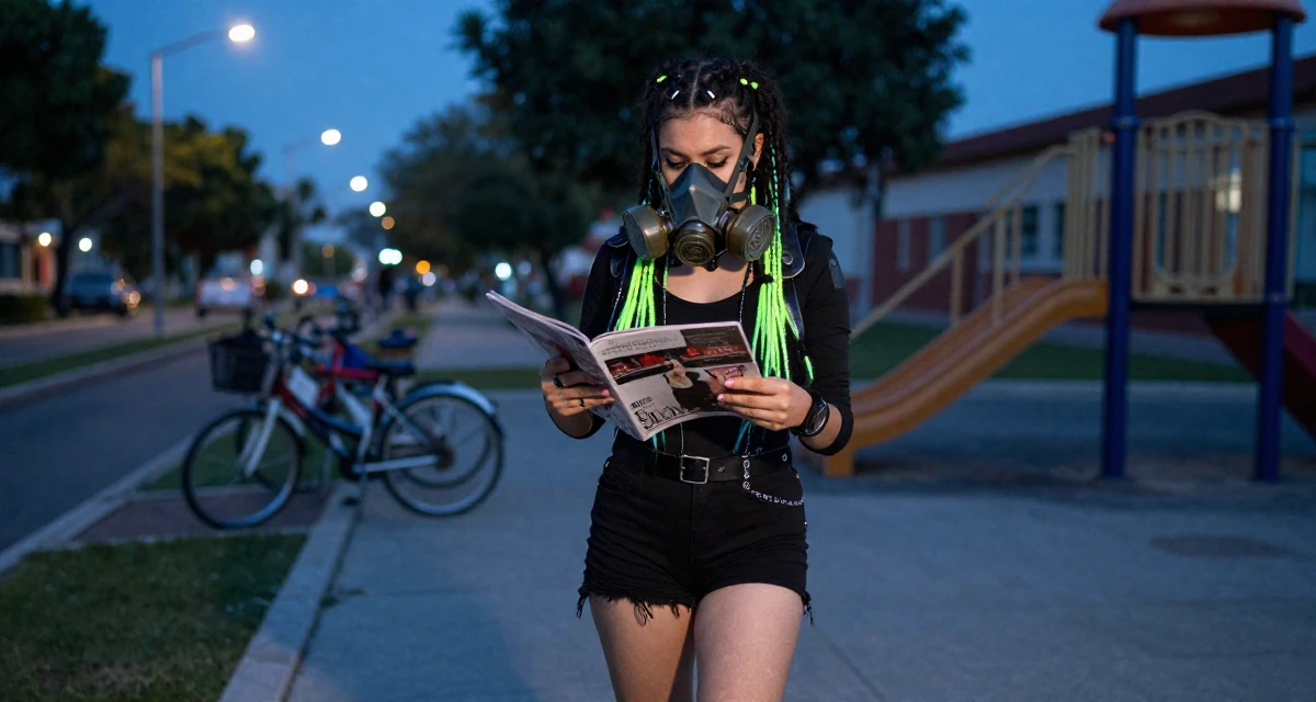 A mysterious Female From Mexico, majored in law in their 23, taking first serious steps toward independence, wearing a cyber-goth outfit with gas mask and neon dreads, flipping through a magazine in a school playground.