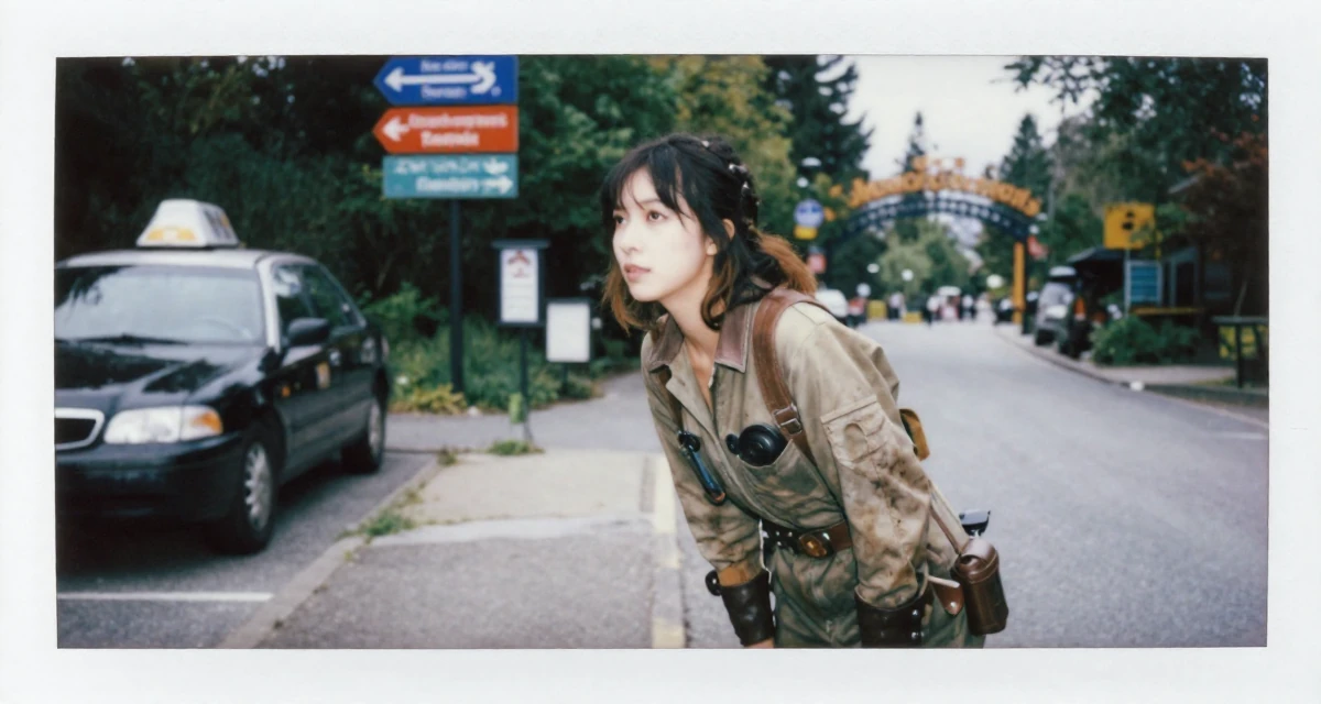 A ethereal Female From Vancouver Canada, trained in natural light portraiture in their 24, taking care of their physical health consistently, wearing a steampunk mechanic jumpsuit with grease stains, waiting for a taxi in a zoo pathway.